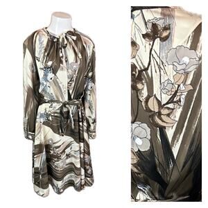 1970s Keyhole Neck Fit & Flare Belted Floral Dress Long Sleeve / Women’s Large *